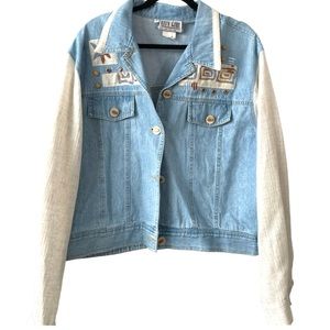 Sold Western Embroidered Denim Jacket Jean Southwest Appliqué Linen Sleeve 16